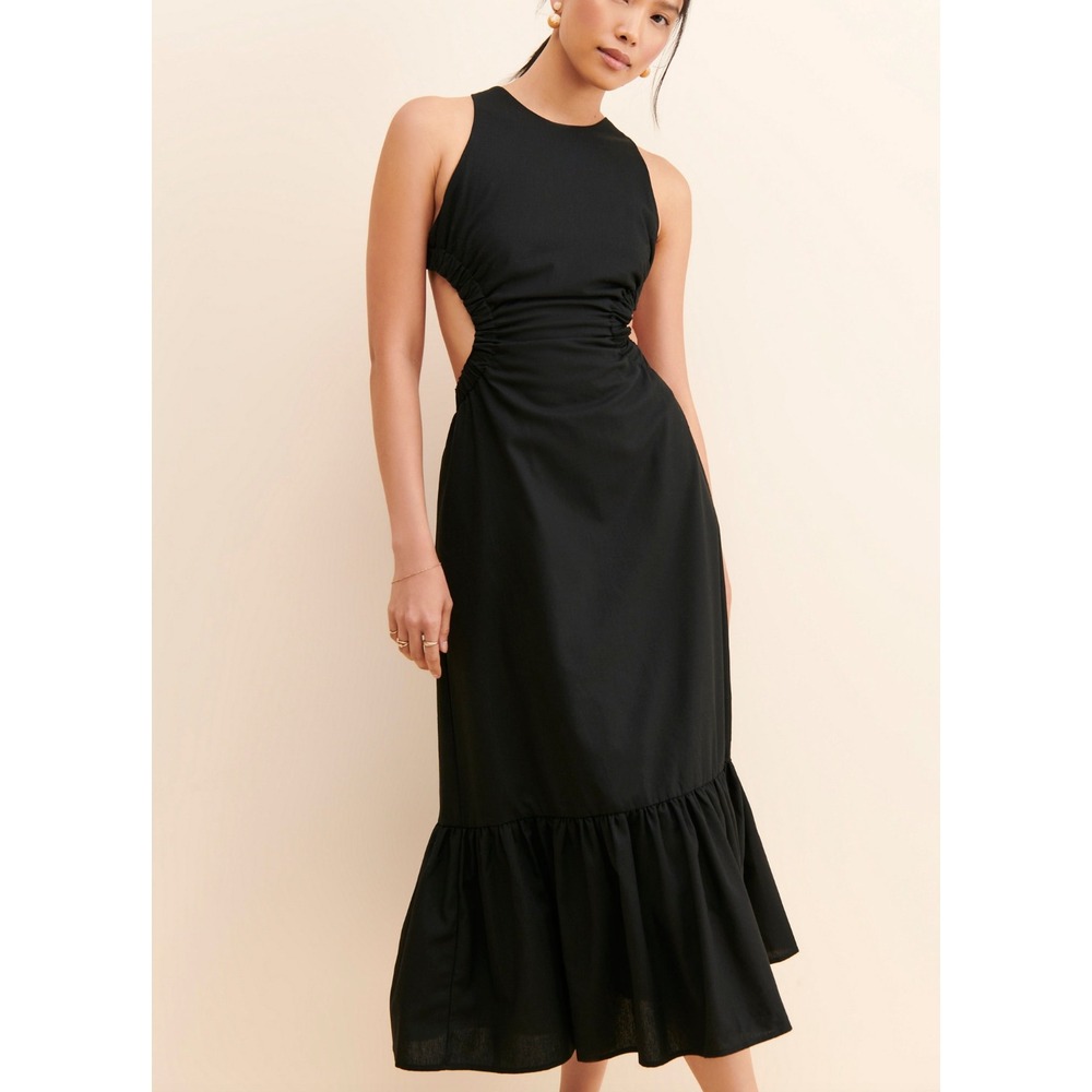 ASTR The Label Open Back Midi Dress Linen Blend Elastic Waist Lined Womens XS